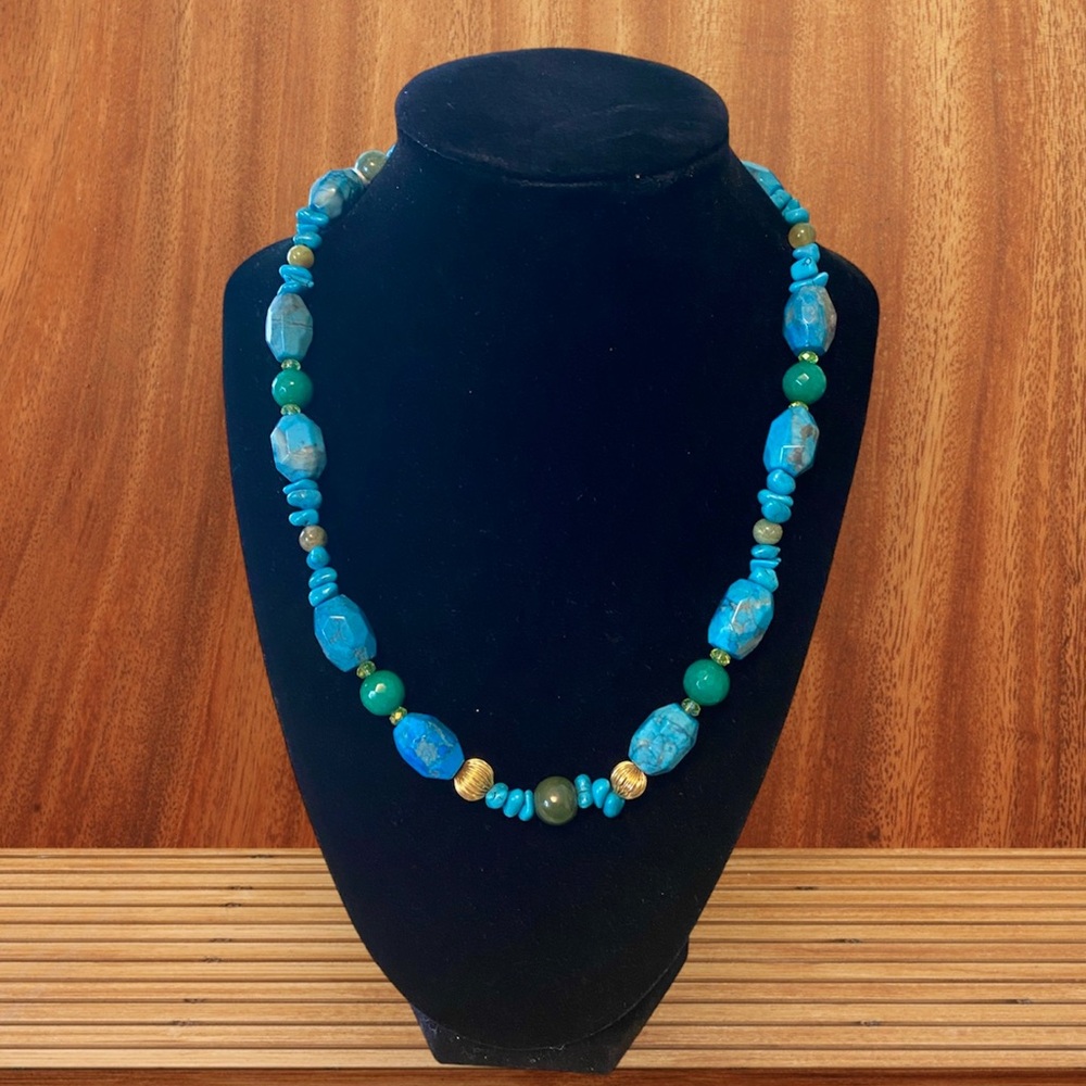 New Natural Turquoise, Pure Gold, & Jade Handmade Necklace Blue Gold Green NWT